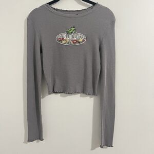 Your Highness Thermal Waffle Crop Top Size M Gray Y2K Grunge Frog Print Band